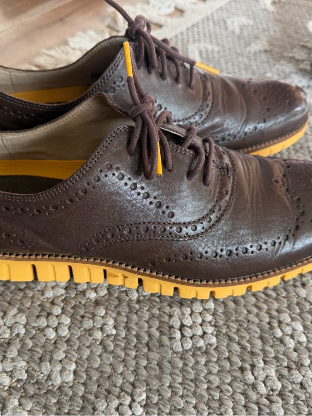 Cole Haan Brown Leather Wingtip Oxfords with Yellow Sole